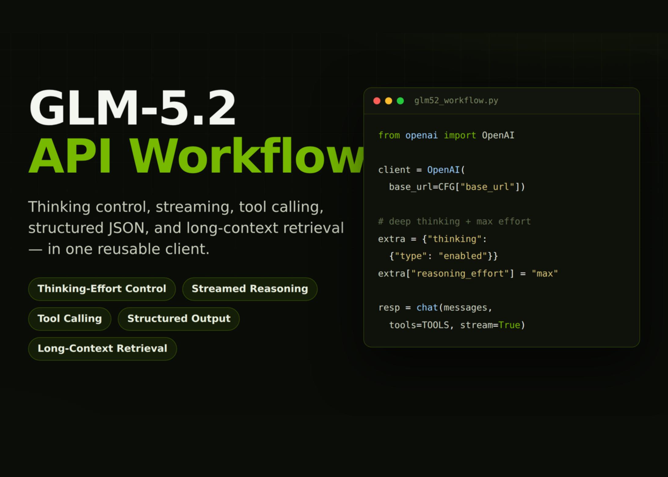 GLM-5.2: guia prático da API compatível com OpenAI para raciocínio e function calling