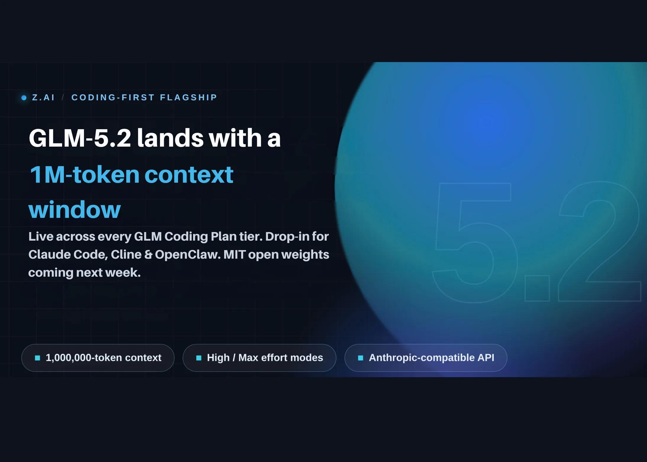 Z.ai Lança GLM-5.2: Contexto de 1 Milhão de Tokens e Dois Níveis de Raciocínio